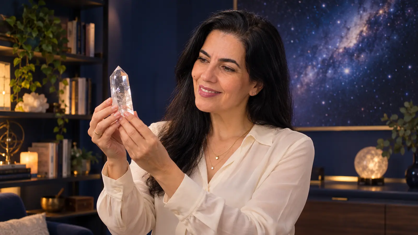 Luciana Carvalho, em um escritório com livros, plantas e uma parede aberta para o céu estrelado, observa sorrindo um cristal de quartzo.