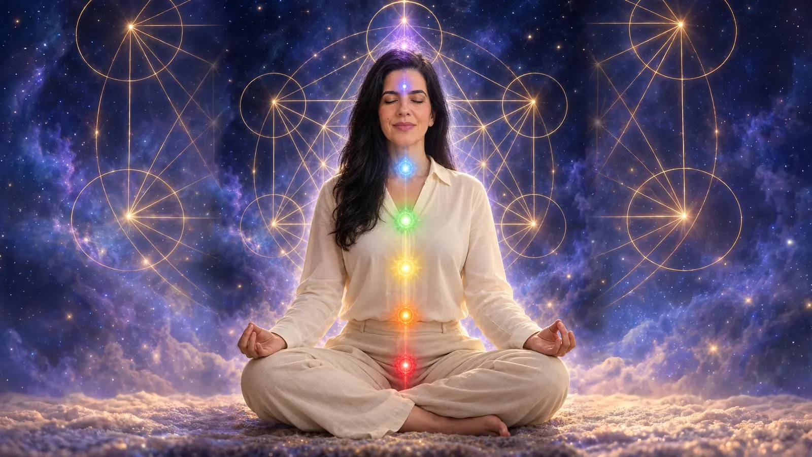 Luciana Carvalho medita de pernas cruzadas diante de geometrias sagradas douradas no cosmos; sete pontos de luz se acendem ao longo do centro do seu corpo.