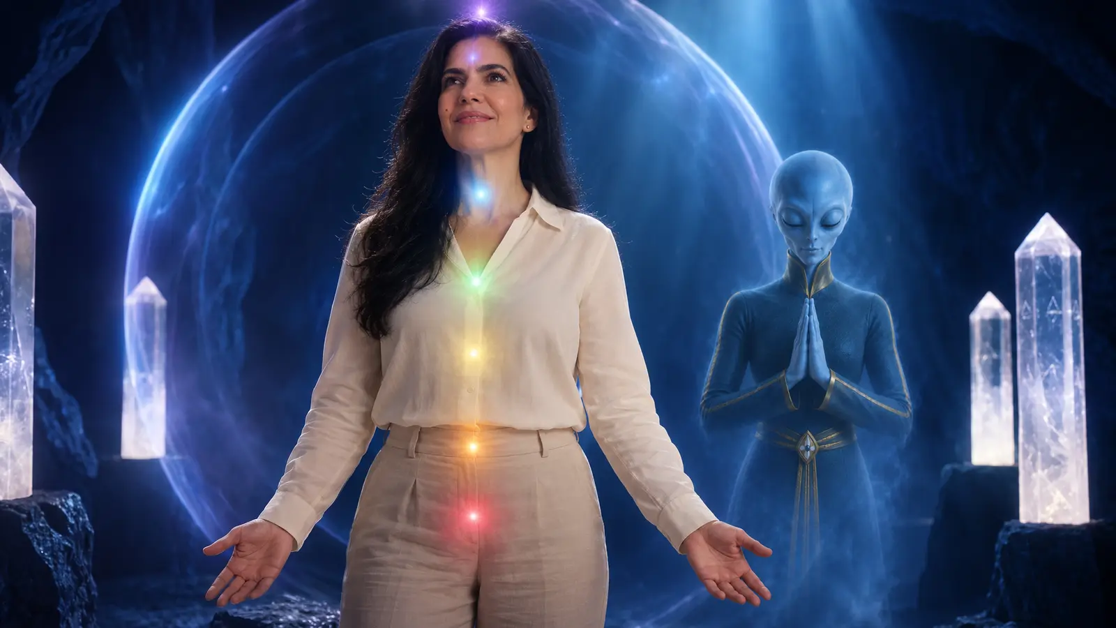Câmara de cristais em luz azul e violeta: Luciana Carvalho, serena e com os chakras iluminados, está diante de uma esfera de luz enquanto um ser arcturiano em oração observa ao lado.