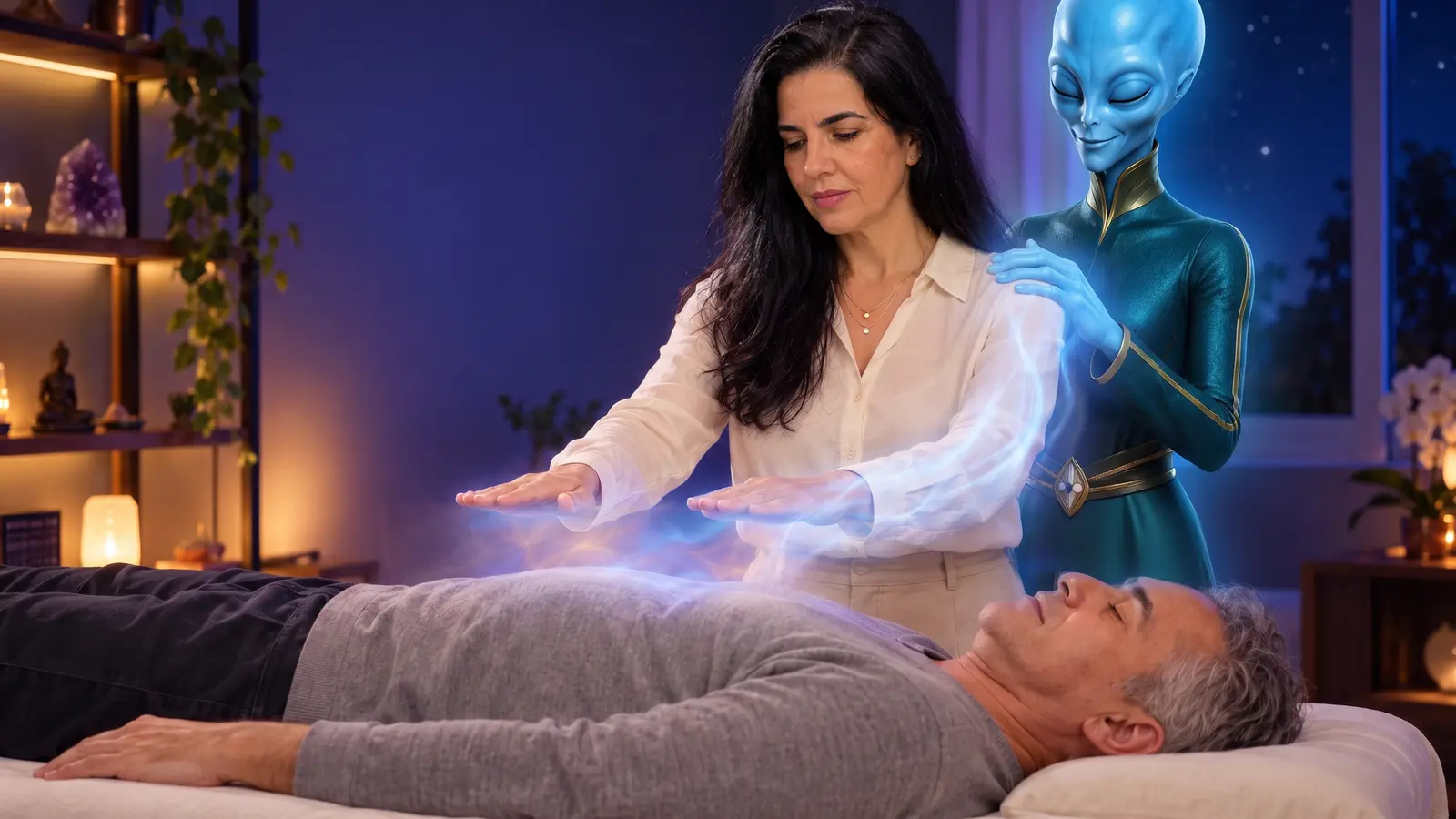 Em uma sala de atendimento acolhedora, Luciana Carvalho conduz uma sessão energética com as mãos sobre um homem vestido e relaxado, deitado na maca; atrás dela, um ser arcturiano apoia a mão em seu ombro, emanando uma luz azul.