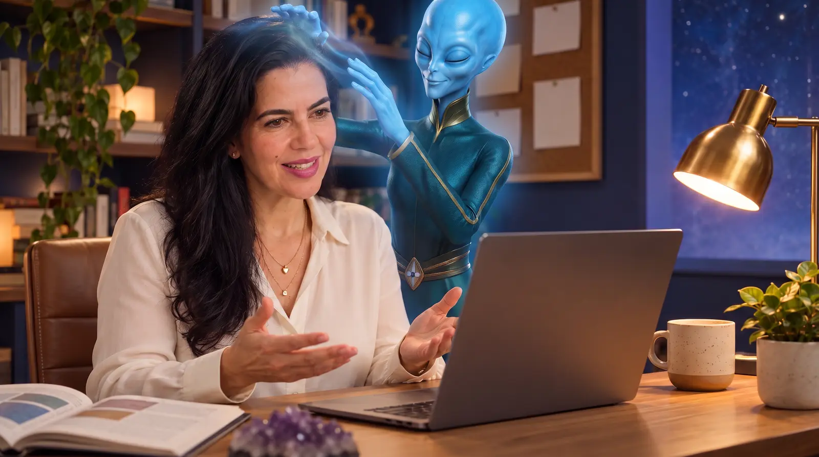 Em um escritório com estantes e luminária, Luciana Carvalho conduz um atendimento online pelo notebook, sorrindo e gesticulando; atrás dela, o ser arcturiano azul pousa as mãos sobre sua cabeça, emanando uma luz azul suave.