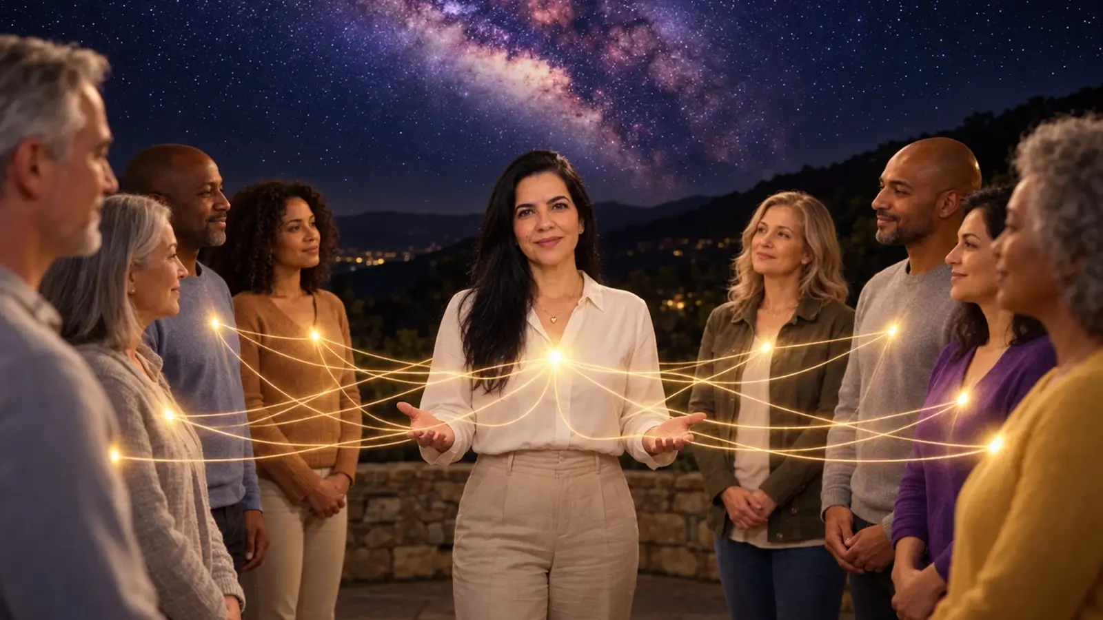 Sob um céu estrelado, Luciana Carvalho está no centro de um círculo de pessoas adultas de diferentes idades e origens, em um terraço; sorrindo e de mãos abertas, ela se conecta a cada participante por fios de luz dourada.